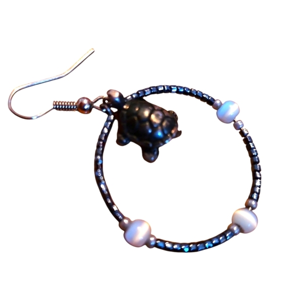 Bronze, Silver, and Turtle Hoop Earrings with Car Eye Bead Accents - Picture 2 of 3